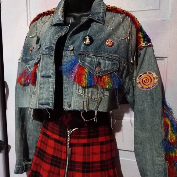 Pretty in Pride- Custom RAGE rainbow cropped denim jacket! PRICE FIRM! - Picture 5 of 15